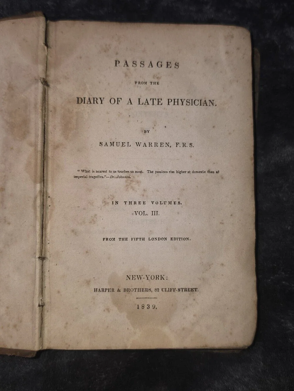 DIARY OF A LATE PHYSICIAN Vol 3 Samuel Warren/Dark Academia Antique 1839 Book!
